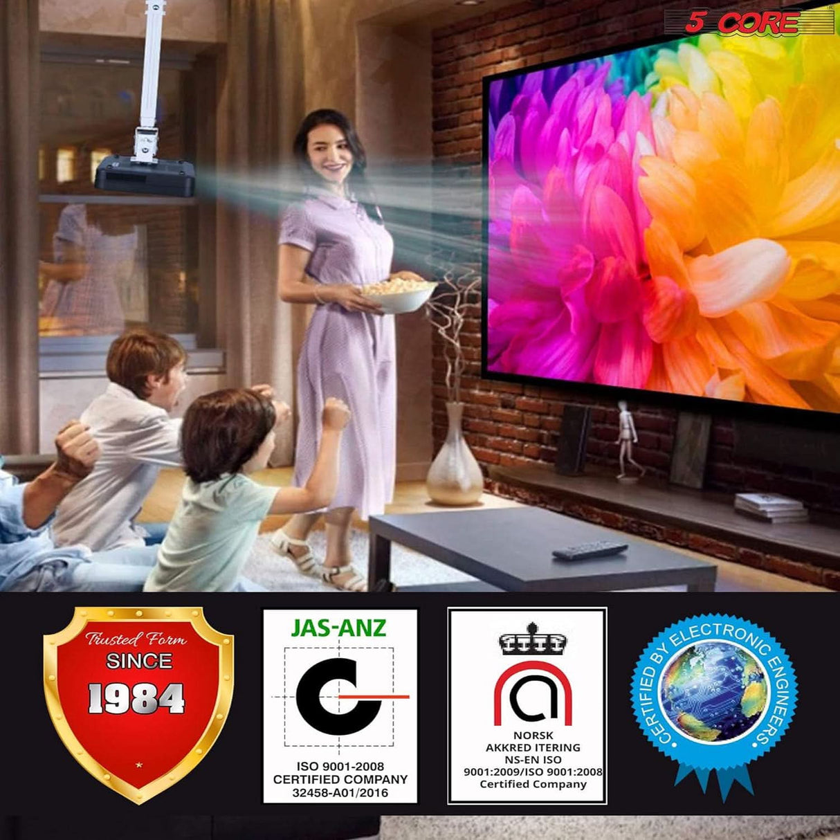 5Core adjustable ceiling wall projector mount universal holder with low profile and 40lb capacity in white