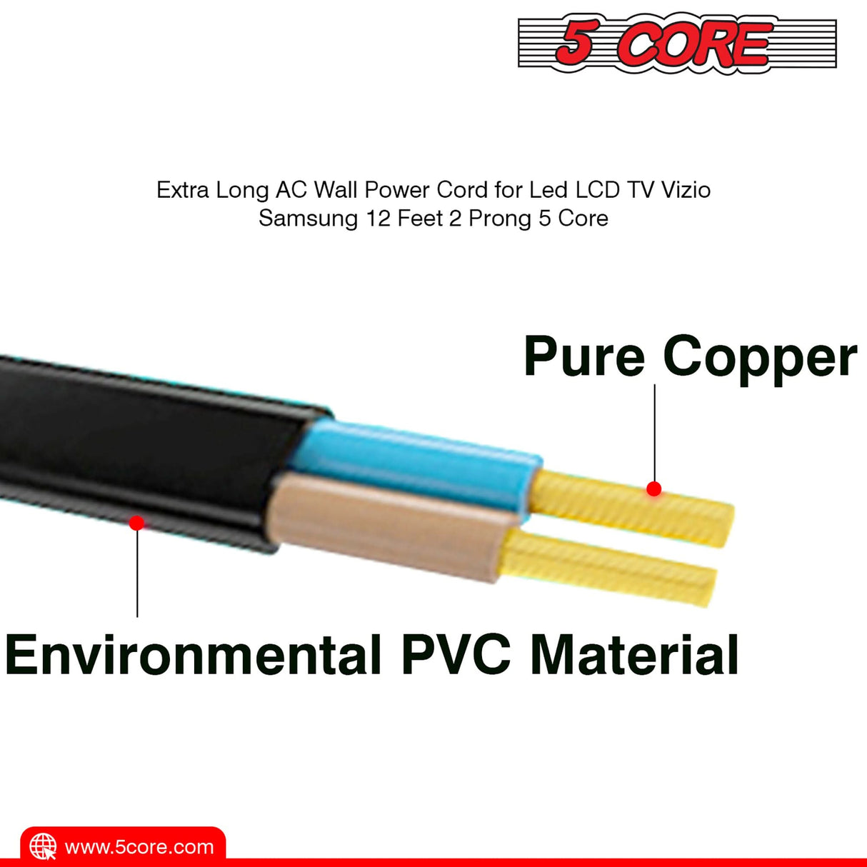 5Core Power Cord US 2 Prong stable connection product view