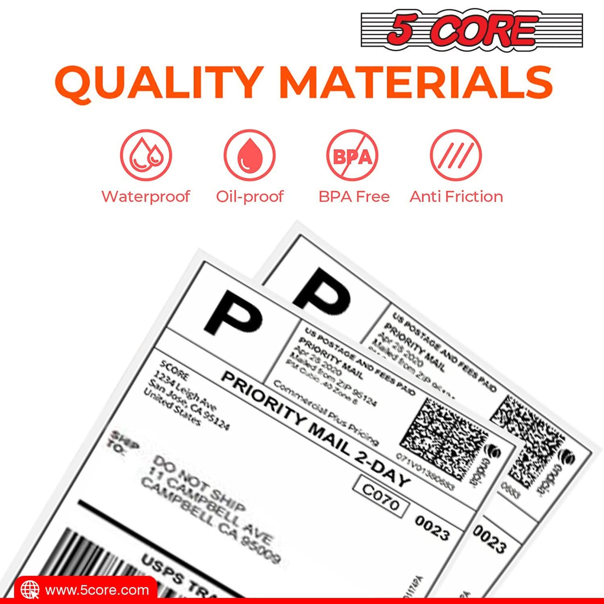 5 Core direct thermal labels, 4x6 inches, 16 rolls with 250 labels each