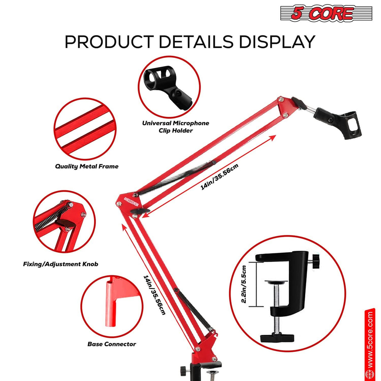 Desktop mic boom arm stand with clamp 5Core RED adjustable