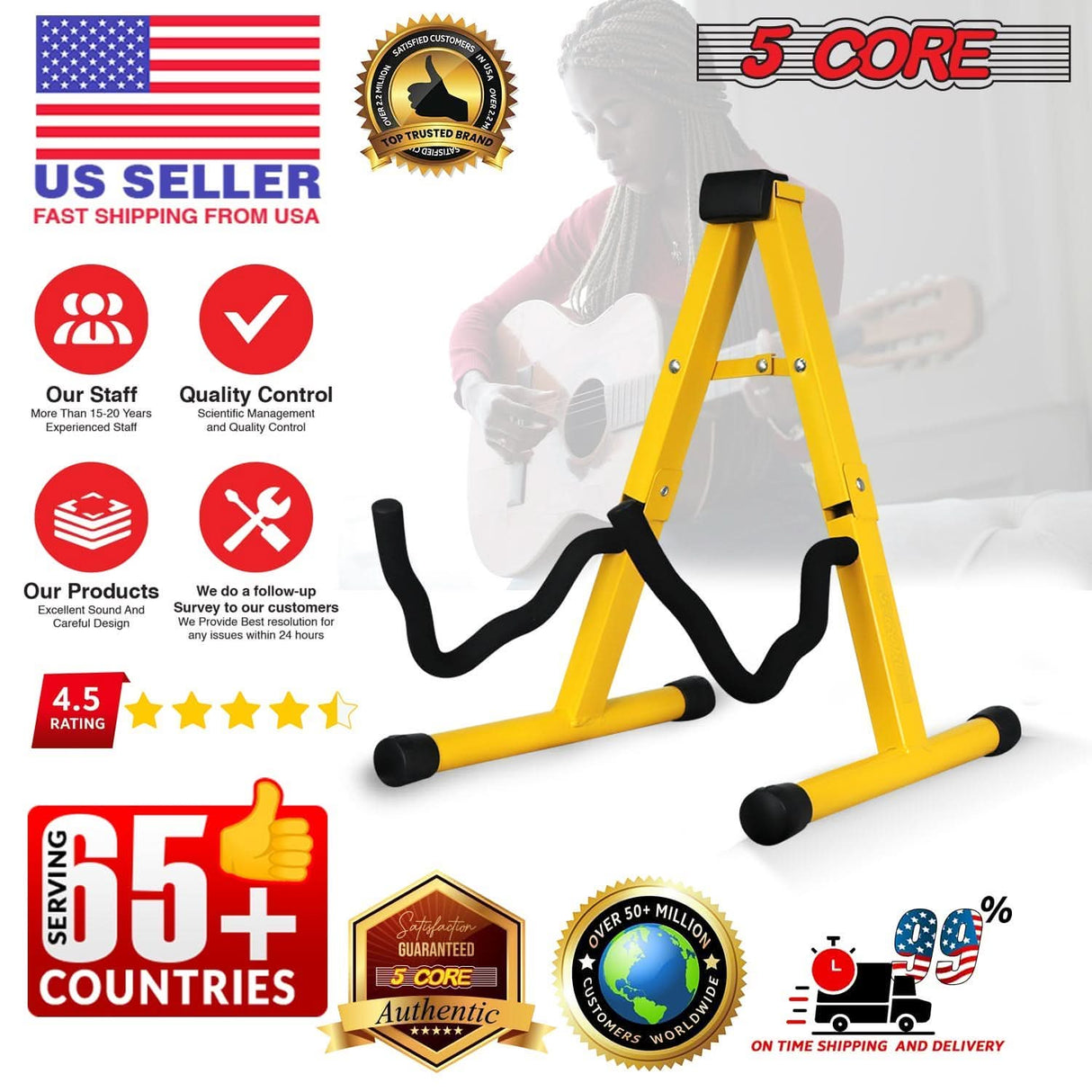 5Core floor stand in yellow for electric, bass, or acoustic guitars