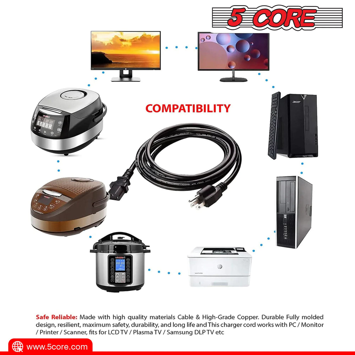 5Core 6ft AC Power Cord for PC and appliances front angle view