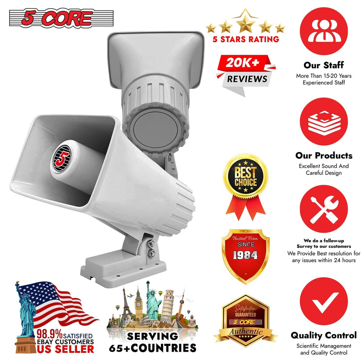 5 Core PA Speaker Pair 6 x 4" 50W Bull Horn Loud Audio Outdoor Speakers System 8Ohm Reflex Megaphone