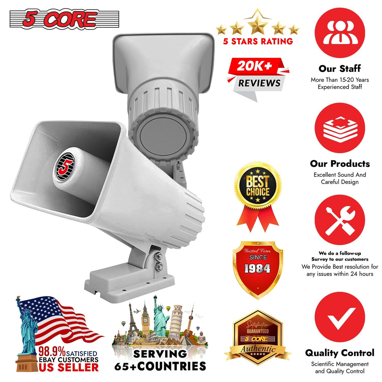 5 Core PA Speaker Pair 6 x 4" 50W Bull Horn Loud Audio Outdoor Speakers System 8Ohm Reflex Megaphone