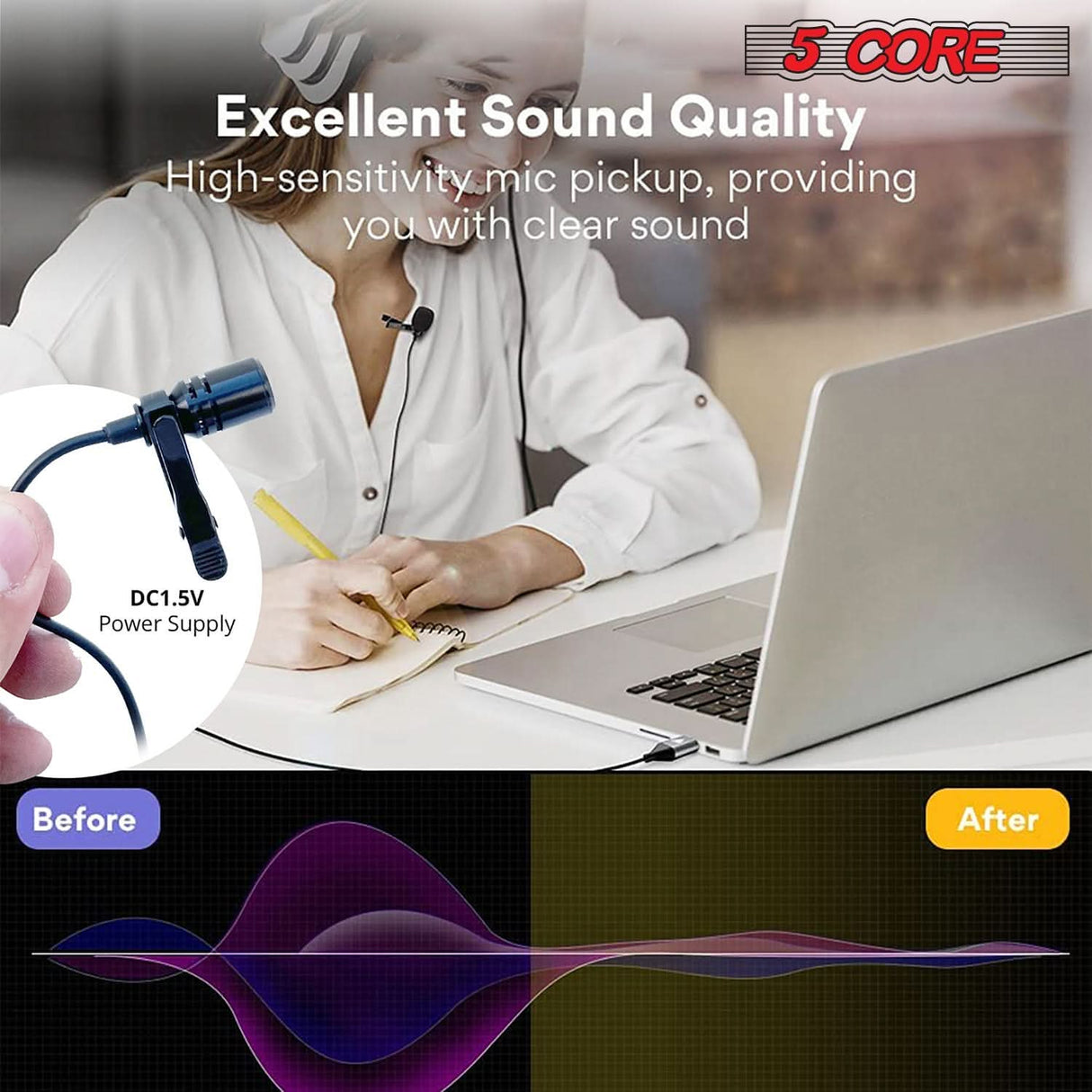 5Core professional omnidirectional lavalier microphone, clip-on 3.5mm lapel mic