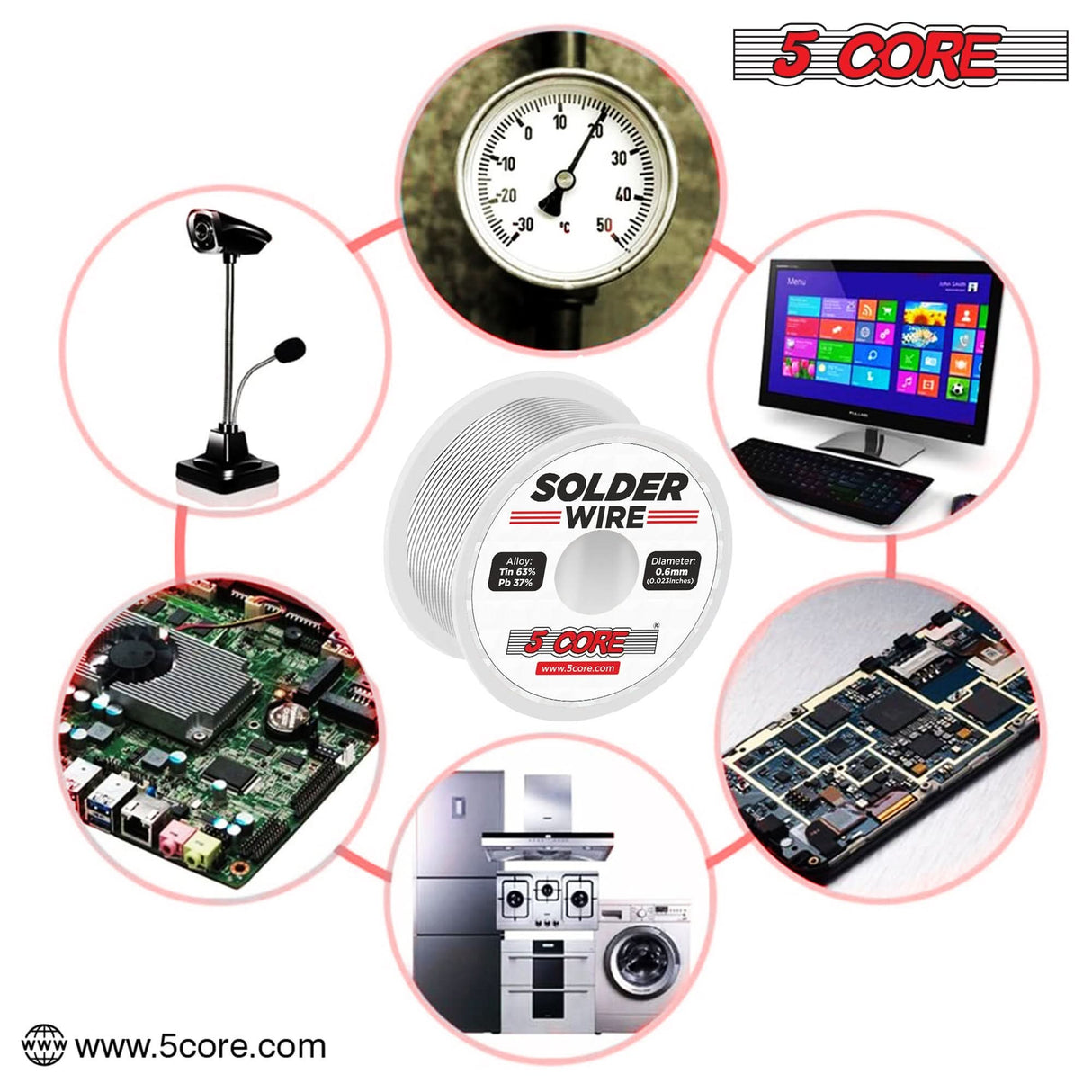 5Core solder wire tin-lead formula for strong, durable soldering on electronic components