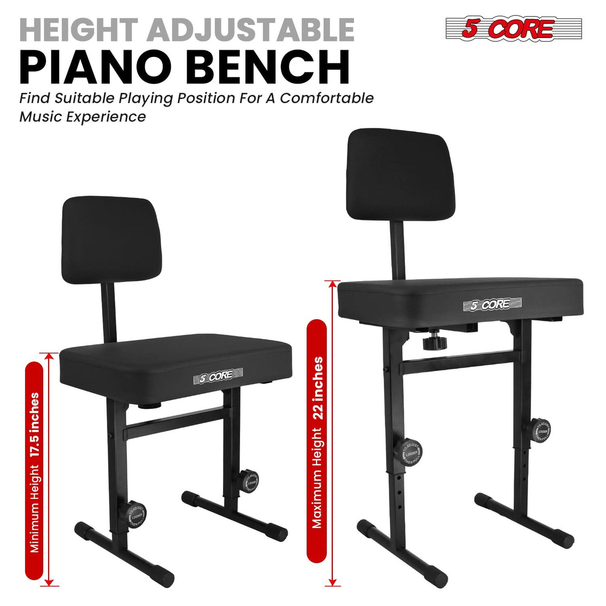 5 Core Piano Bench 3" Padded Cushioned Stool w Backrest Heavy Duty Musician Chair Height Adjustable