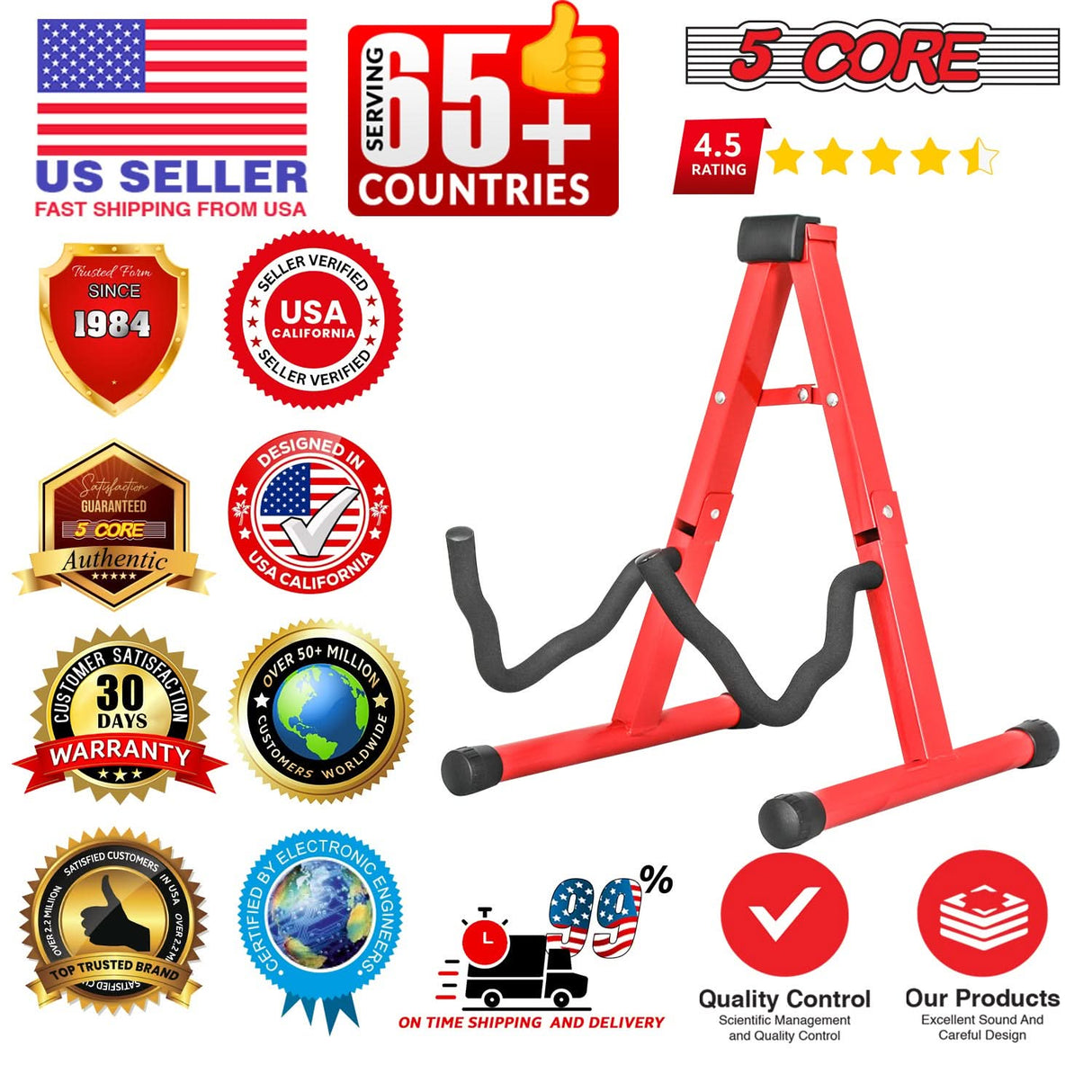 5 Core Guitar Stand A Frame w Soft Foam Arm Non Slip Rubber for Acoustic Electric Bass Ukulele