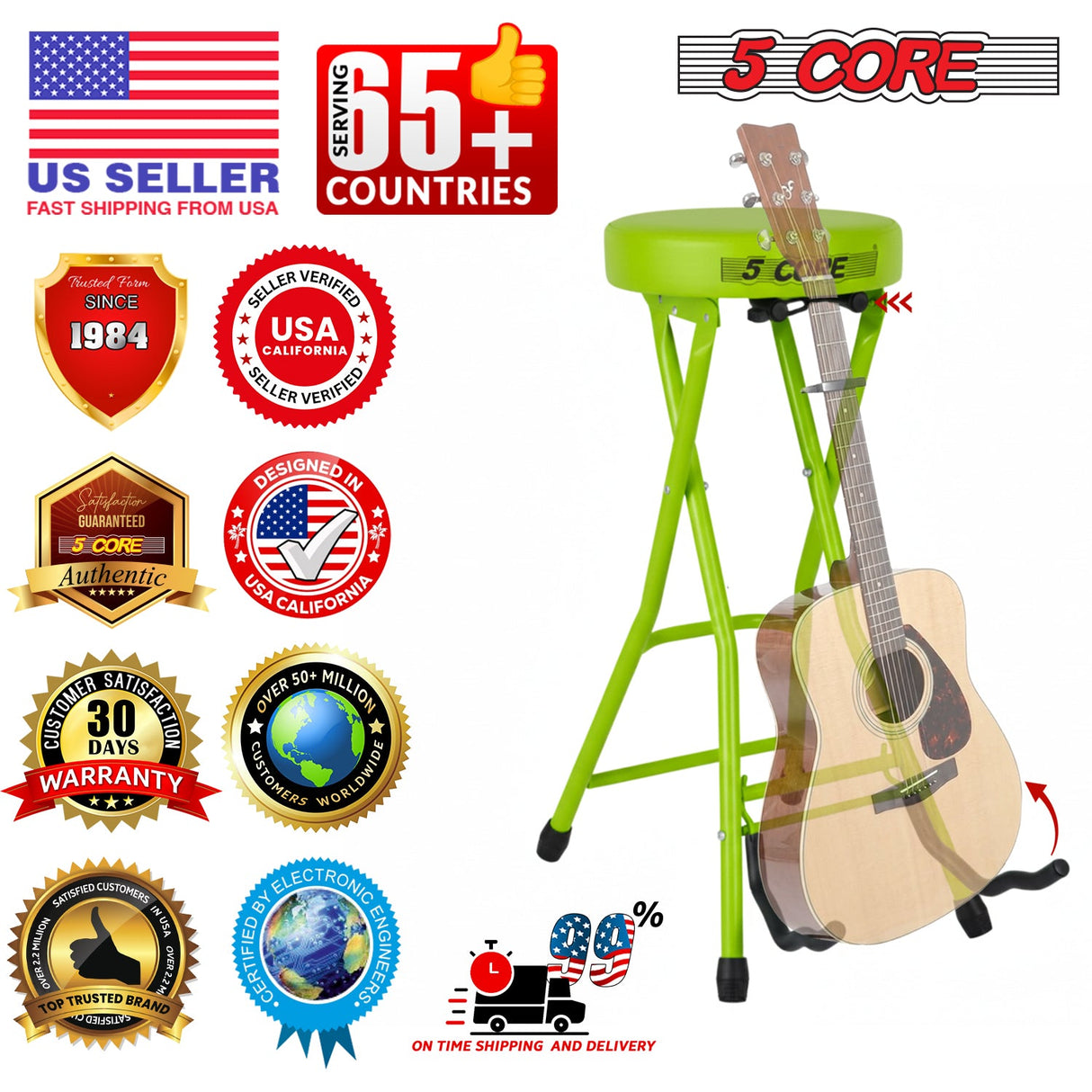 5Core Guitar Stool 3.15" Padded Chair Foldable Heavy Duty Music Seat Built in Foot Rest Guitar Stand