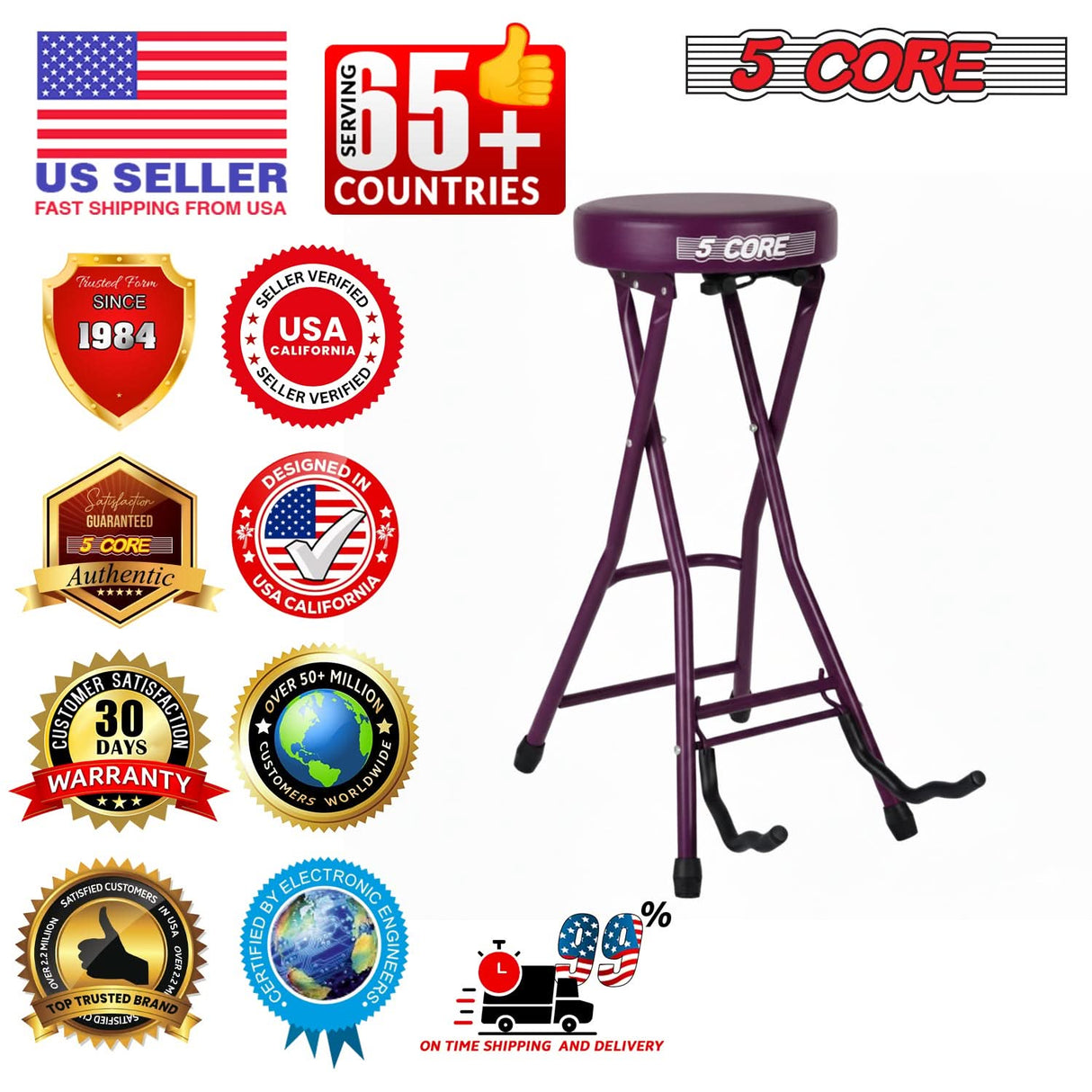5Core Guitar Stool 3.15" Padded Chair Foldable Heavy Duty Music Seat Built in Foot Rest Guitar Stand