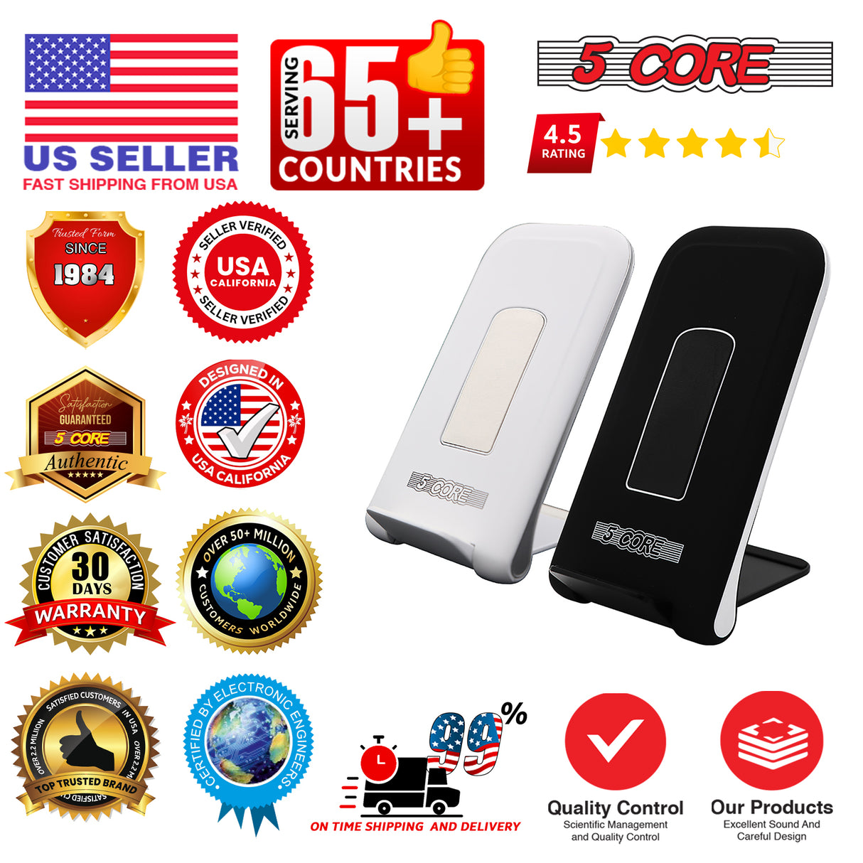 5 Core Wireless Charging Stand 2 Pieces 10W Fast Wireless Charger Station with Sleep-Friendly Light
