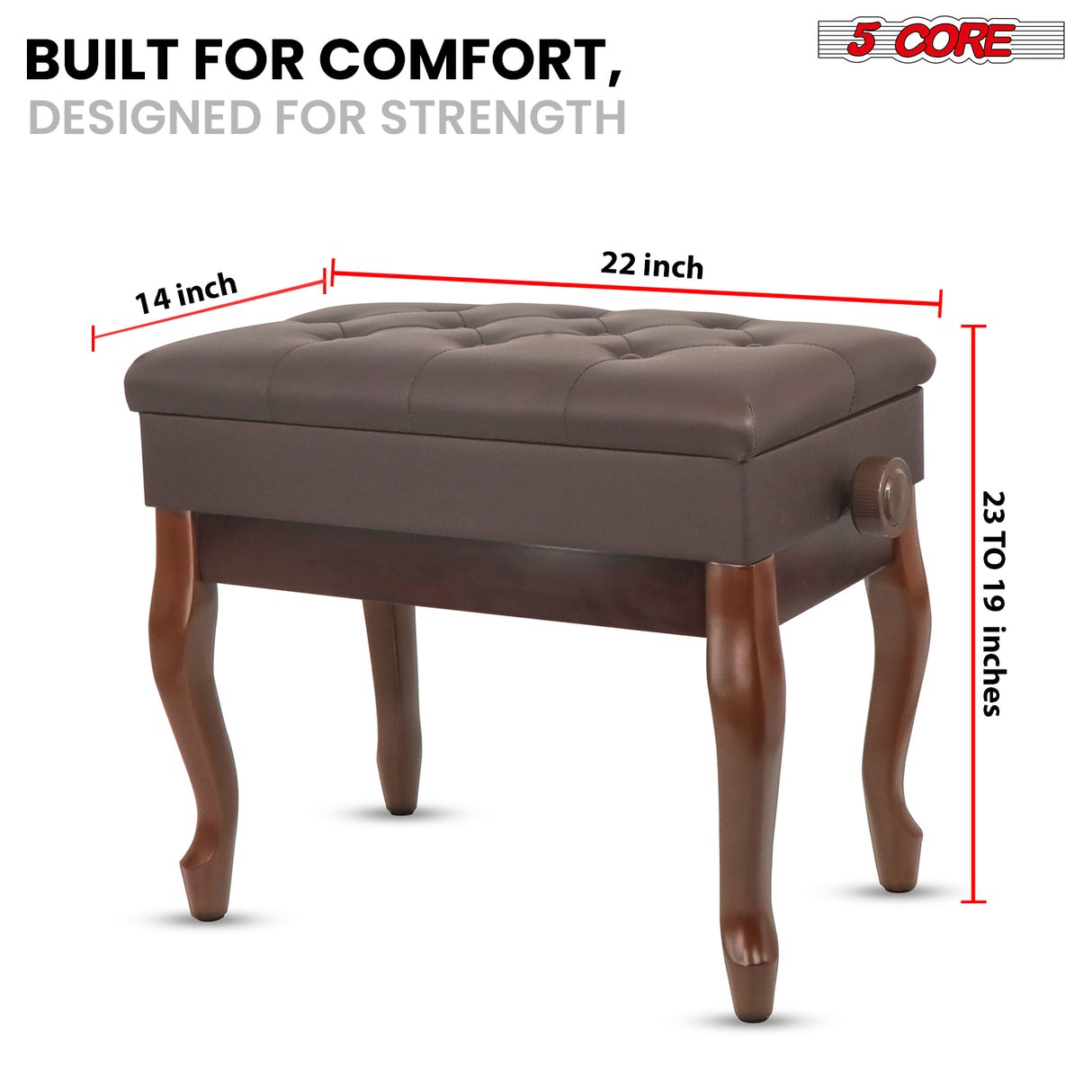 5 Core Piano Bench 3" Padded Cushioned Stool Wooden Heavy Duty Adjustable Musician Chair w Storage