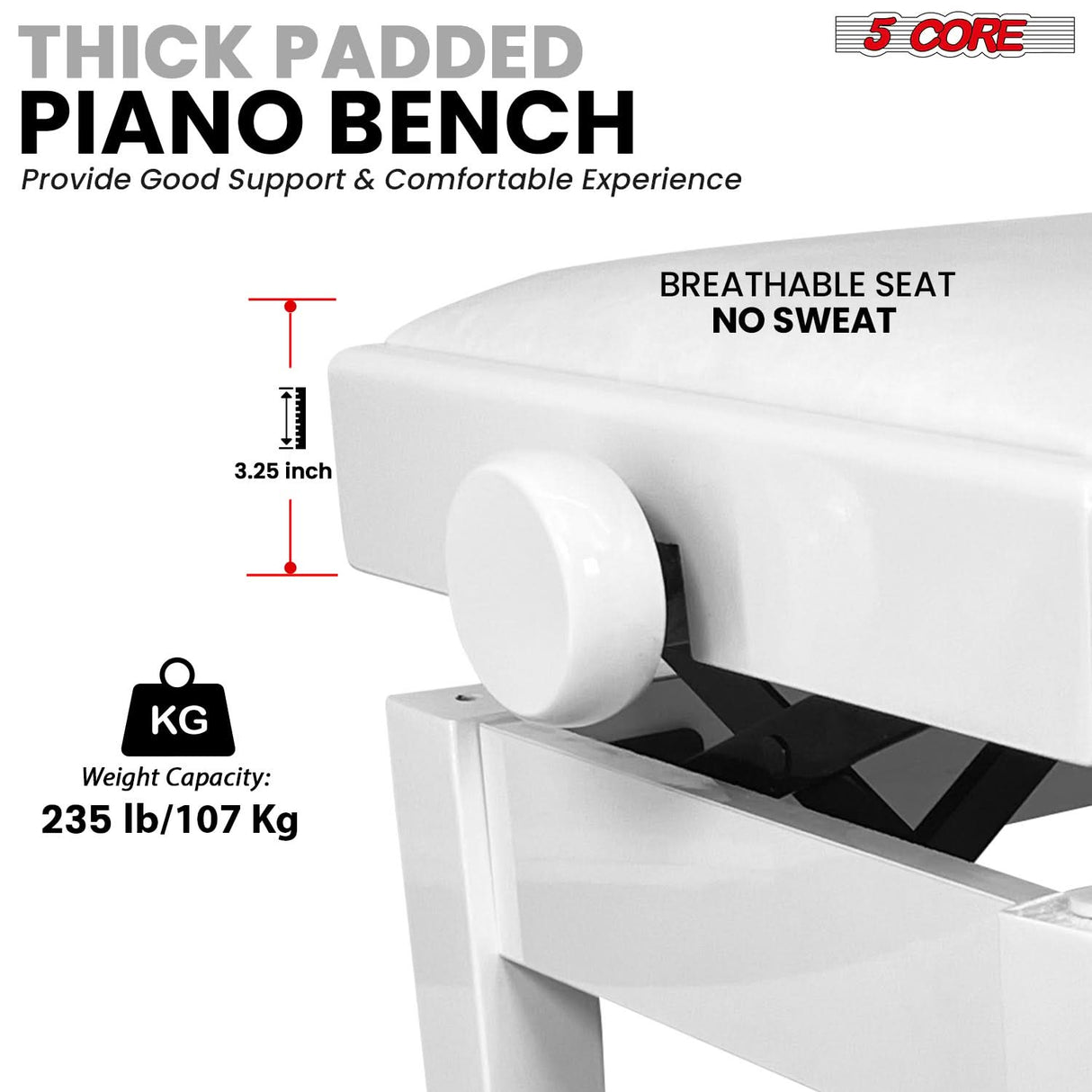 5 Core Adjustable Piano Bench Thick 3.25" Solid Wood Keyboard Stool Heavy Duty Musician Chair