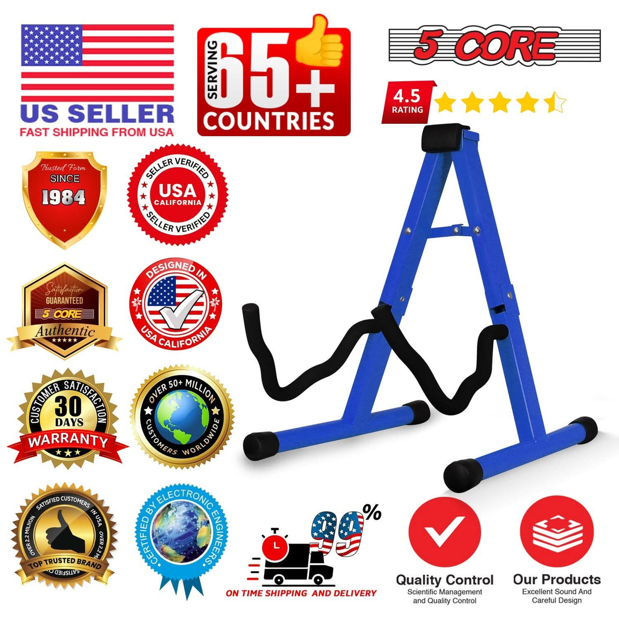 5 Core Guitar Stand A Frame w Soft Foam Arm Non Slip Rubber for Acoustic Electric Bass Ukulele