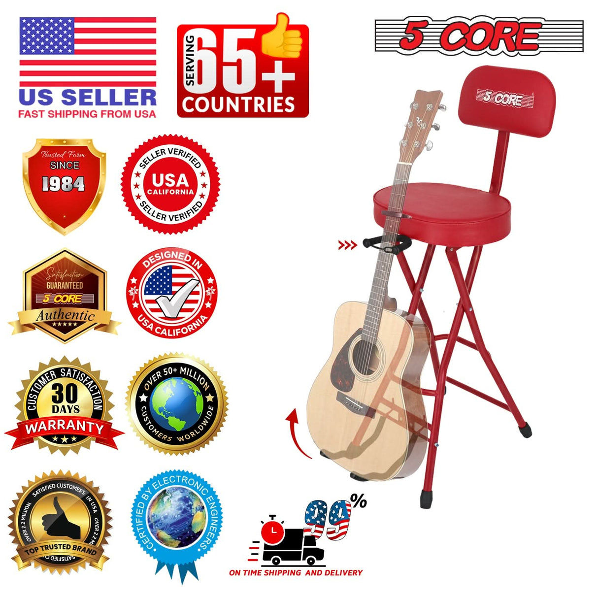 5Core Guitar Stool 3.15" Padded Chair w Backrest Foldable Music Seat Built in Foot Rest Guitar Stand