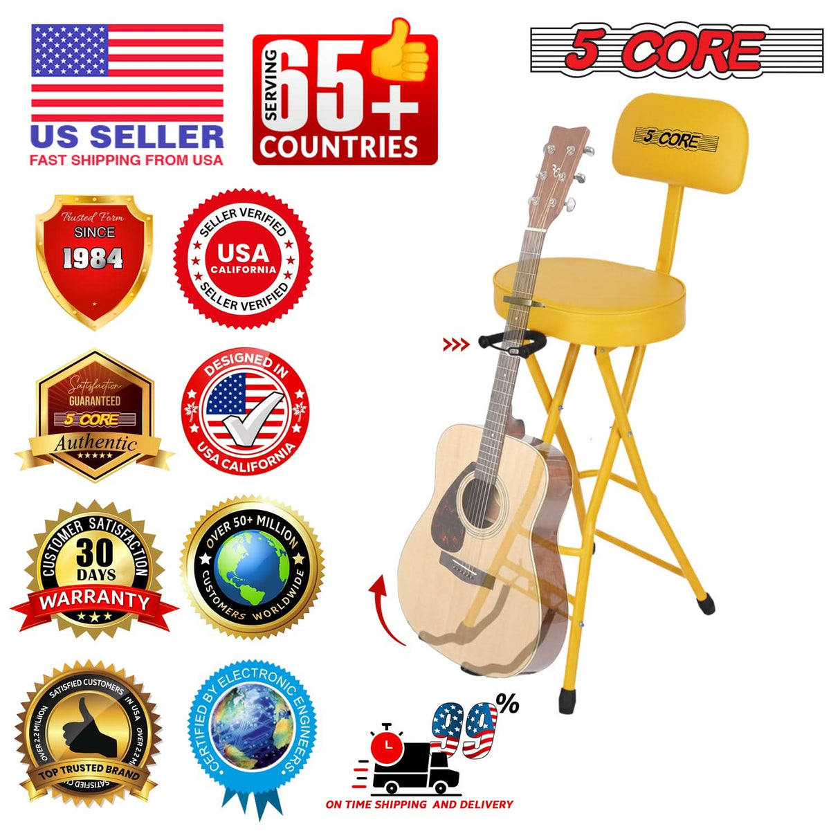5Core Guitar Stool 3.15" Padded Chair w Backrest Foldable Music Seat Built in Foot Rest Guitar Stand