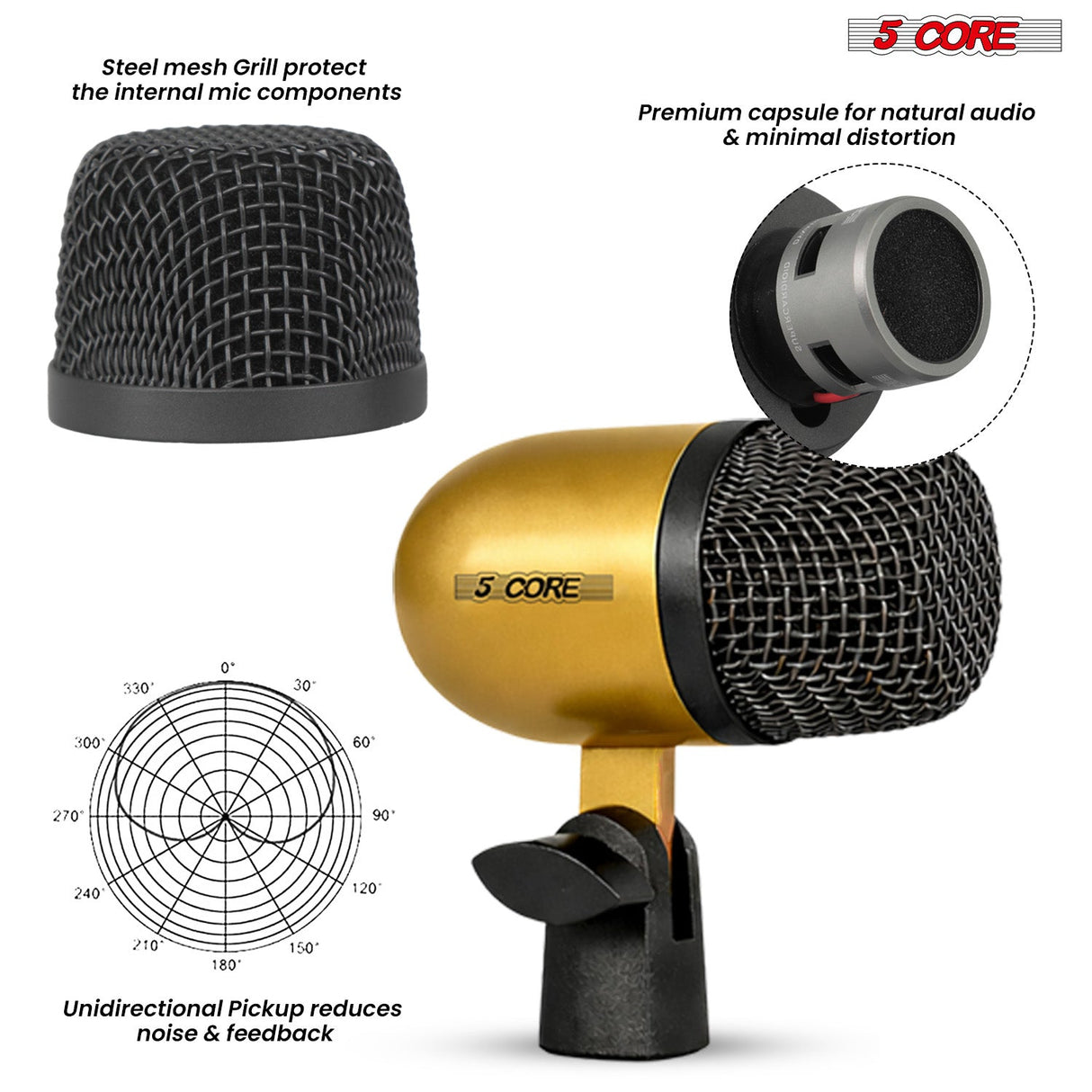 5 Core Drum Microphone Kit 9Pc All Metal Drummer Mics Tom/Snare & Cymbals Wired Instrument Drums Set