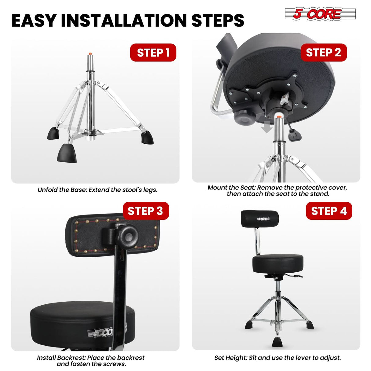 5 Core Drum Throne w Backrest 4" Padded Stool Airlift Adjustable 25.5" Drummer Chair 441Lb Capacity