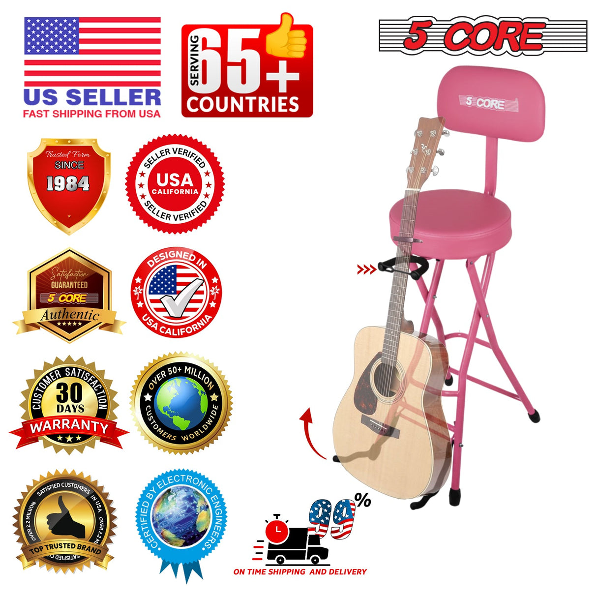 5Core Guitar Stool 3.15" Padded Chair w Backrest Foldable Music Seat Built in Foot Rest Guitar Stand