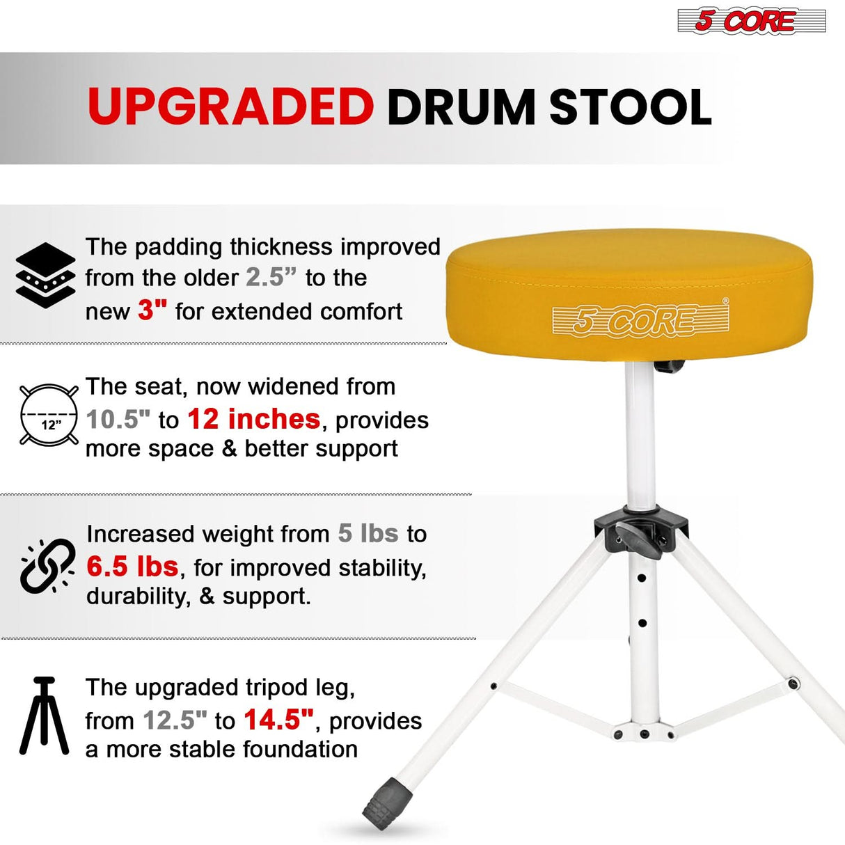 5 Core Drum Throne 3" Thick Padded Memory Foam Comfortable Drummer Stool 330Lb Capacity Adjustable