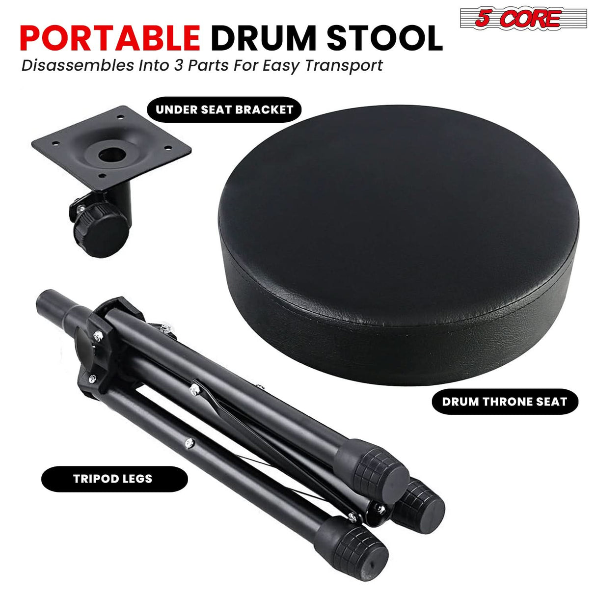 5 Core Drum Throne 3" Thick Padded Memory Foam Comfortable Drummer Stool 330Lb Capacity Adjustable