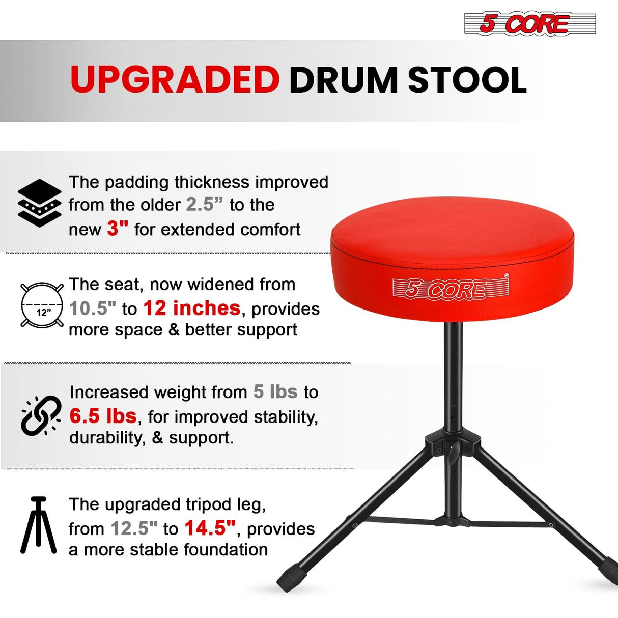 5 Core Drum Throne 3" Thick Padded Memory Foam Comfortable Drummer Stool 330Lb Capacity Adjustable