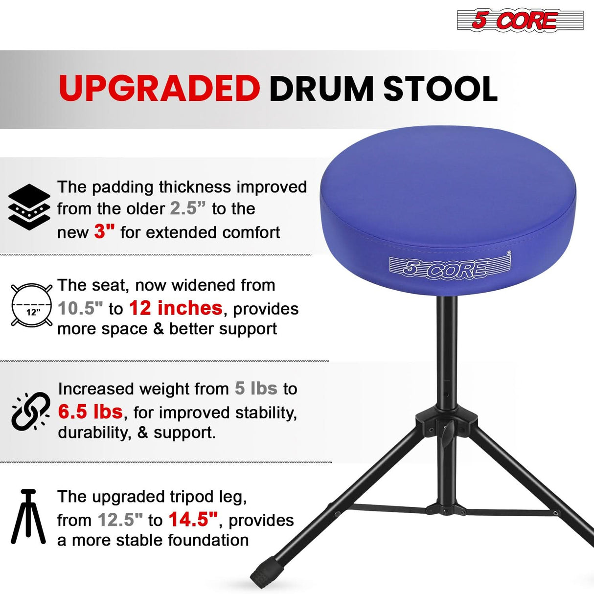 5 Core Drum Throne 3" Thick Padded Memory Foam Comfortable Drummer Stool 330Lb Capacity Adjustable