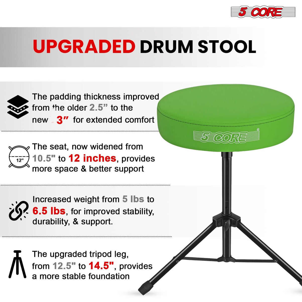 5 Core Drum Throne 3" Thick Padded Memory Foam Comfortable Drummer Stool 330Lb Capacity Adjustable