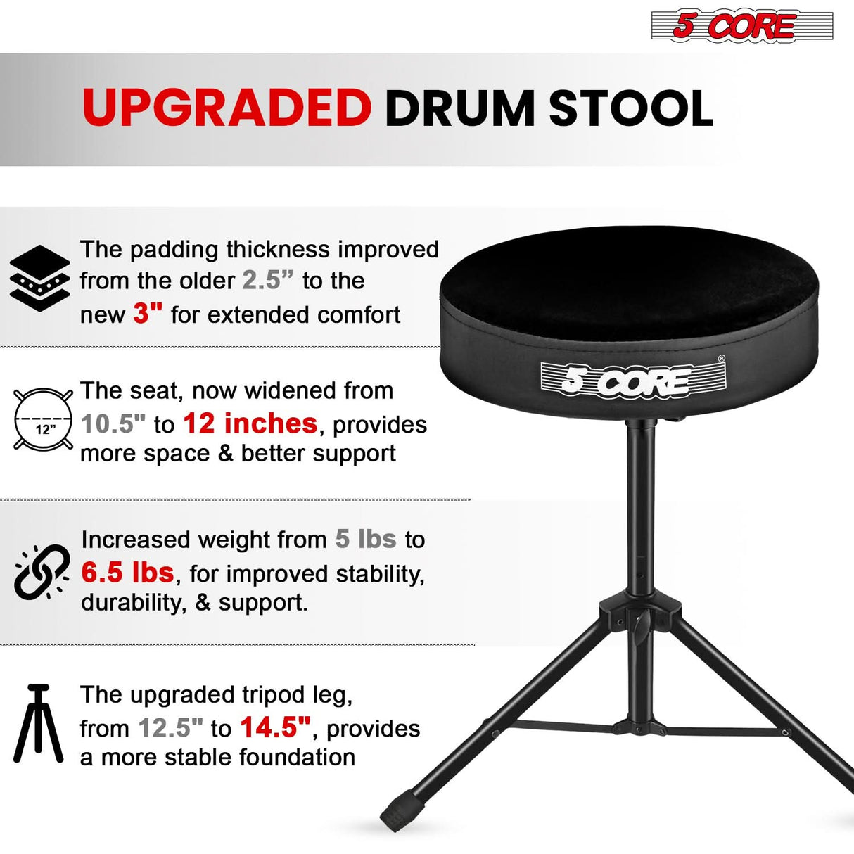 5 Core Drum Throne 3" Thick Padded Memory Foam Comfortable Drummer Stool 330Lb Capacity Adjustable