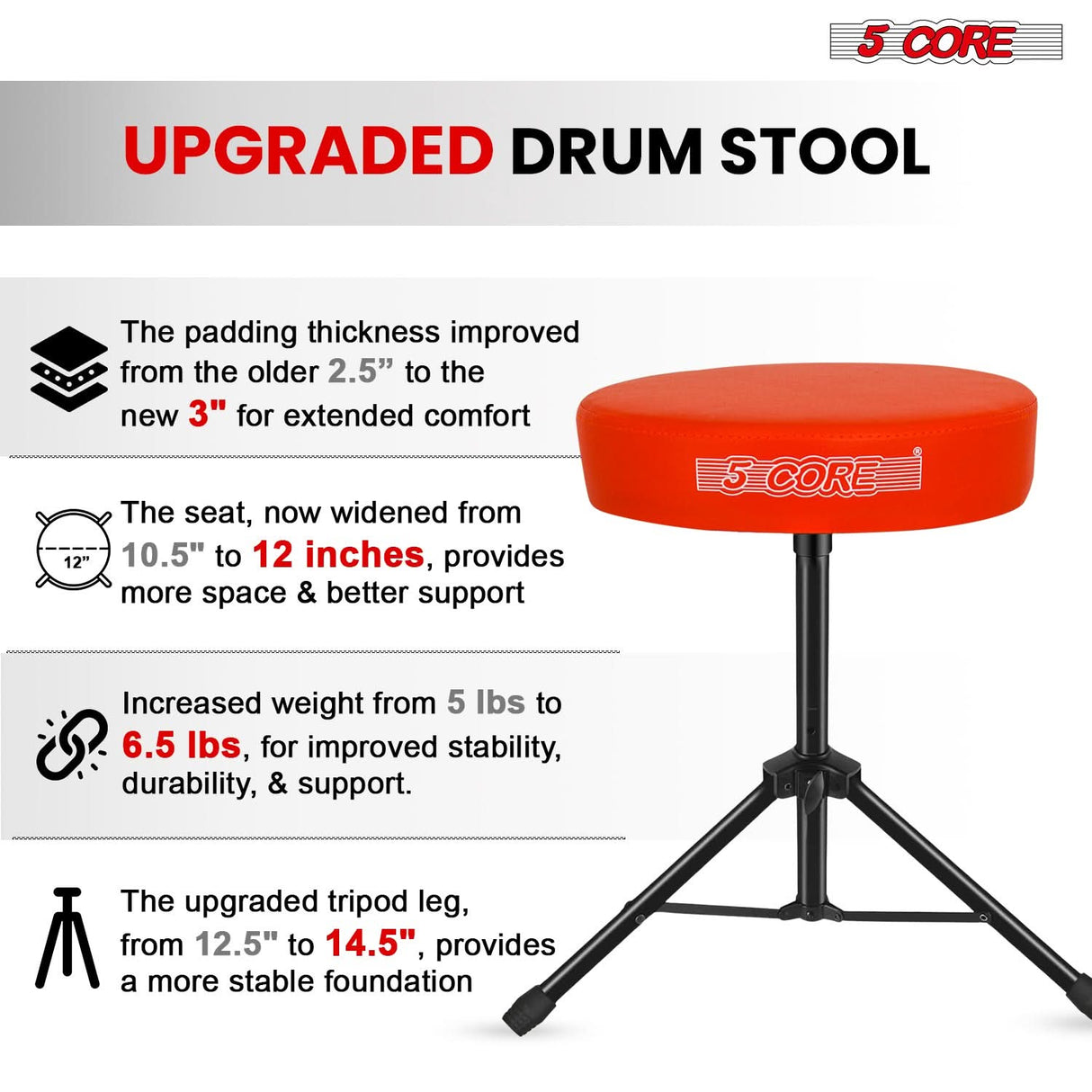 5 Core Drum Throne 3" Thick Padded Memory Foam Comfortable Drummer Stool 330Lb Capacity Adjustable