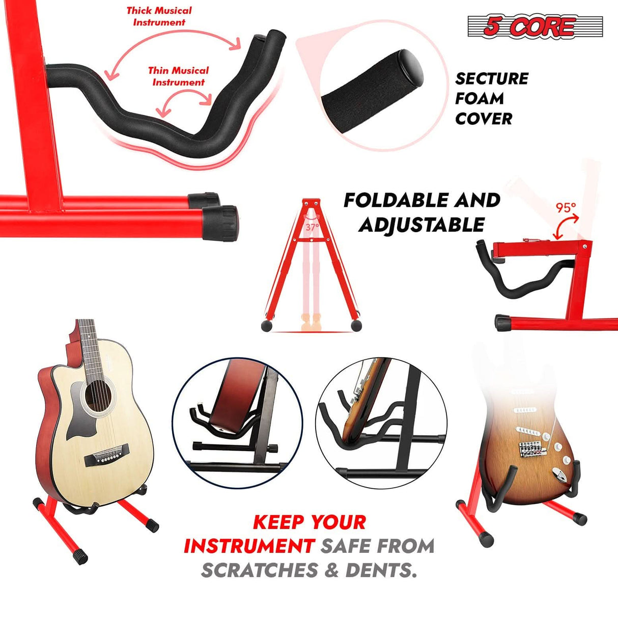 5 Core Guitar Stand 2PC A Frame Shape w Soft Foam Arm Non Slip Rubber for Acoustic Electric Bass