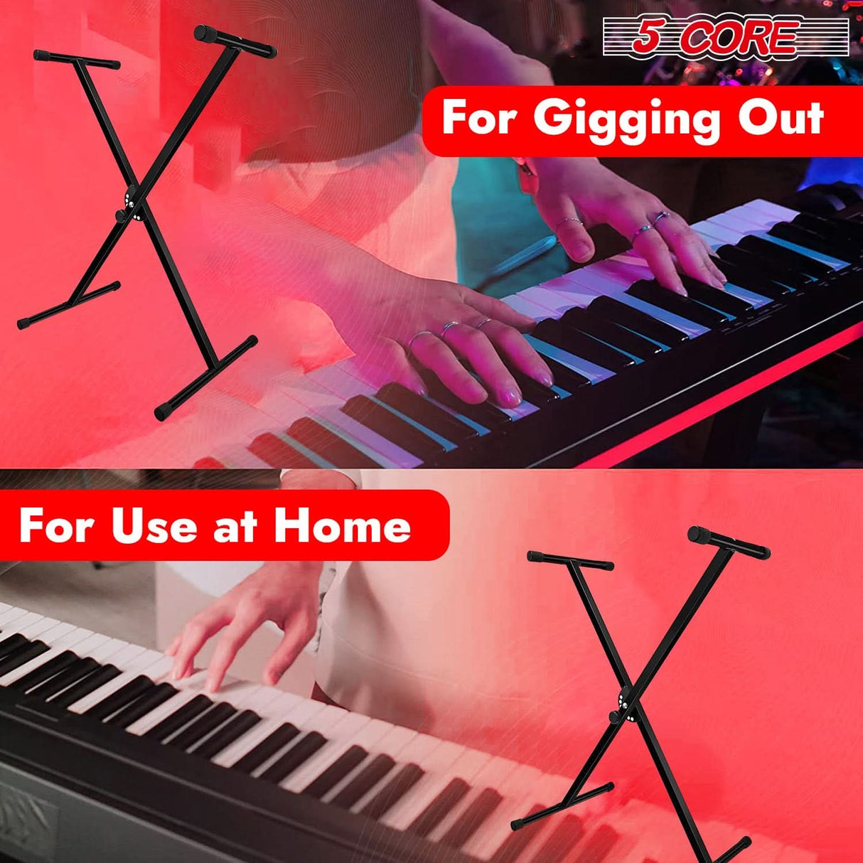 5Core adjustable single X style keyboard stand riser for 49 to 88 keys black