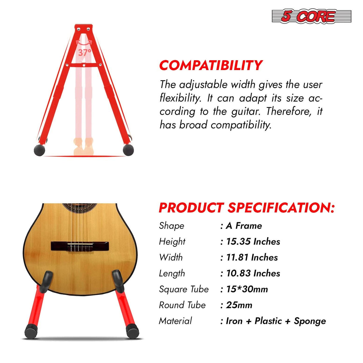 5 Core Guitar Stand 2PC A Frame Shape w Soft Foam Arm Non Slip Rubber for Acoustic Electric Bass