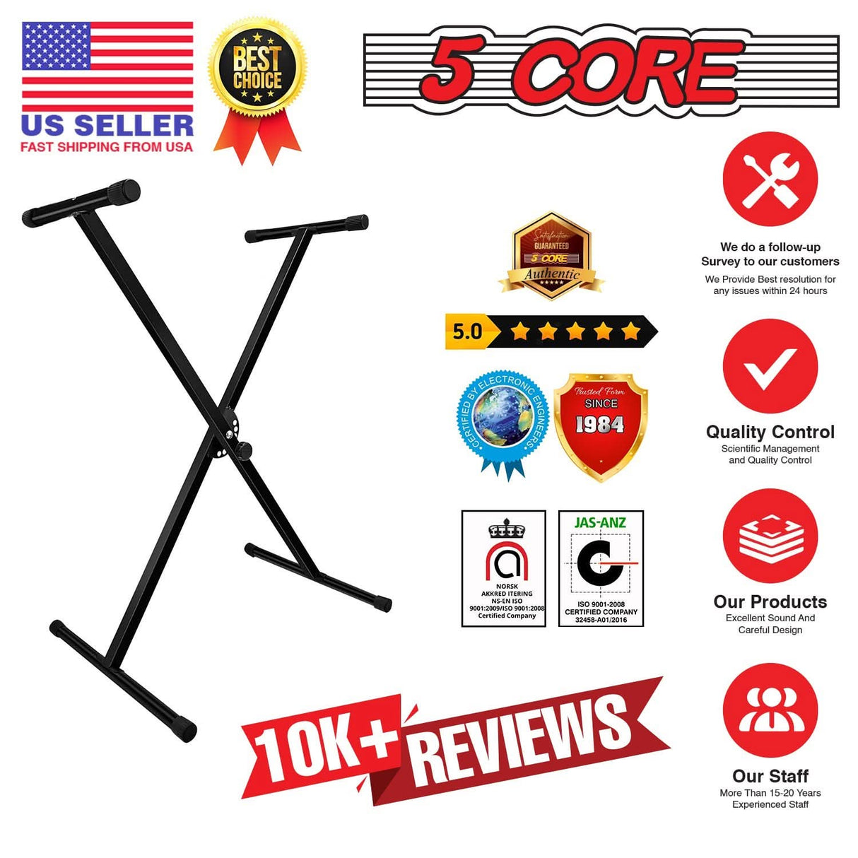 5Core 49 to 88 keys single X style adjustable keyboard riser stand black