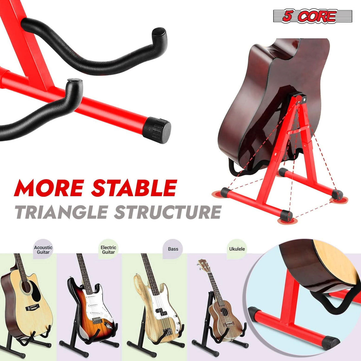 5 Core Guitar Stand 2PC A Frame Shape w Soft Foam Arm Non Slip Rubber for Acoustic Electric Bass