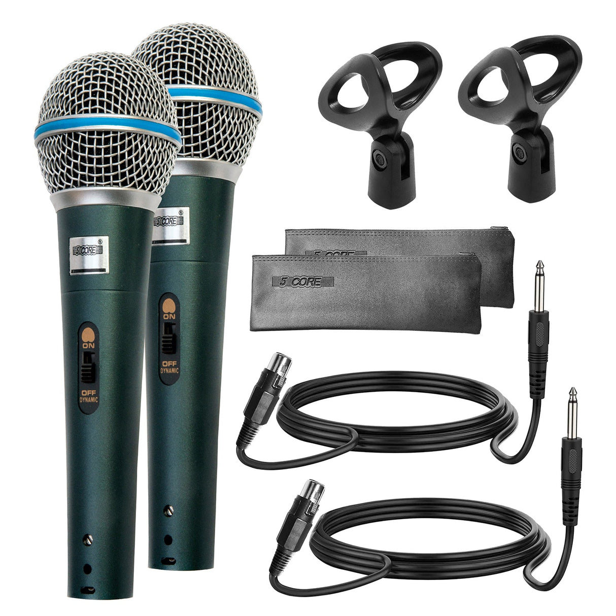 Two green microphones with accessories