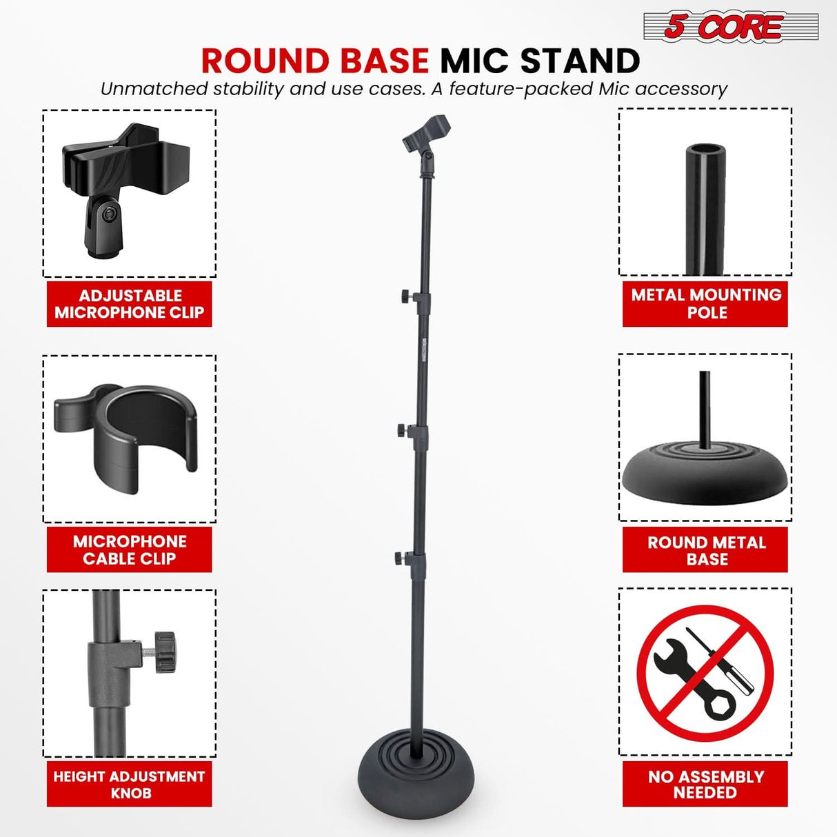 Height adjustable microphone stand for versatile positioning