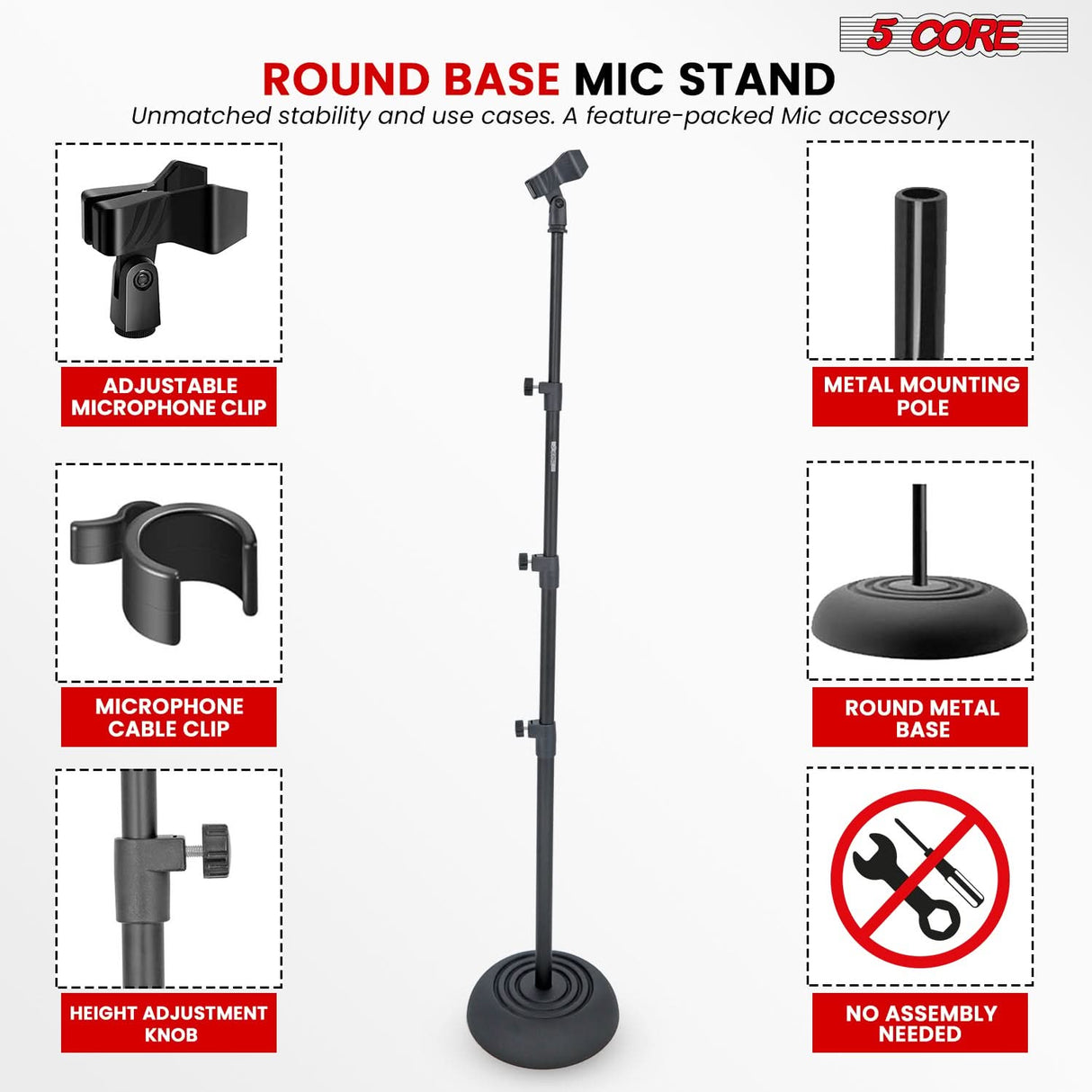 5Core Mic Stand Pair Floor Adjustable Universal Heavy Duty Microphone Stands Round Base Soporte De micrófono