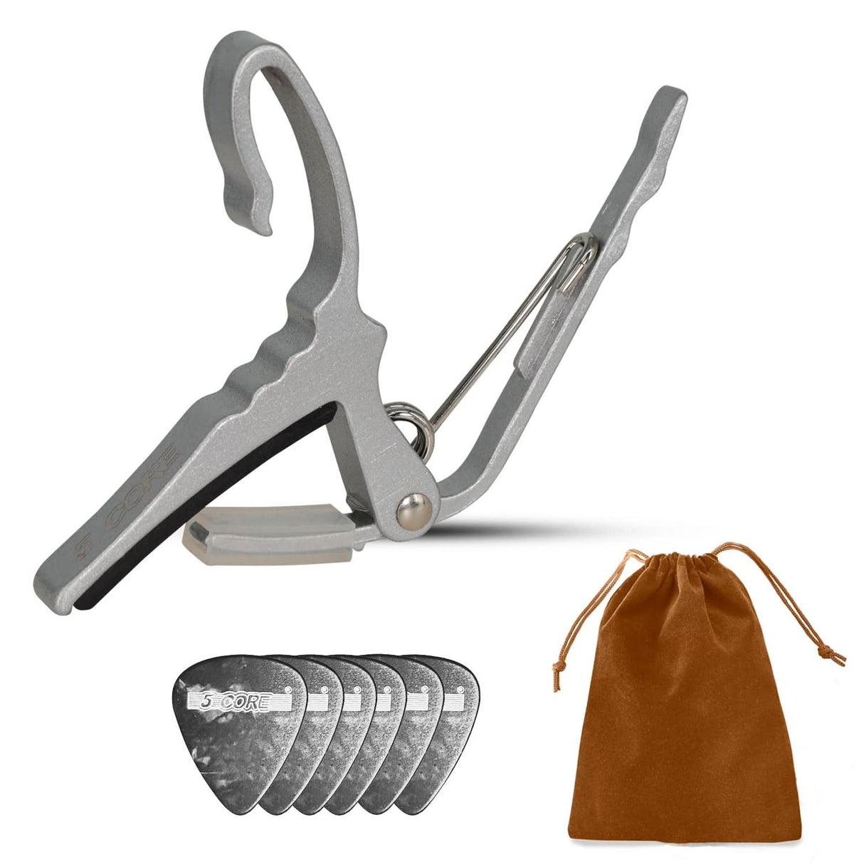 5Core Capo Aluminum Universal Guitar String Clip w Metal Spring + 6Pcs Guitar Picks + Carry Bag