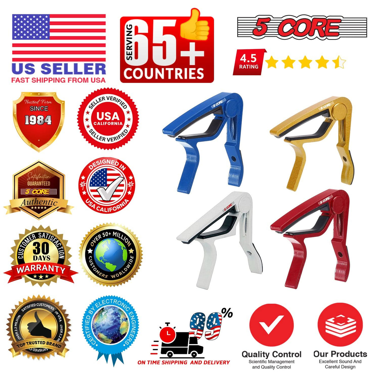 5 Core Guitar Capo 8Pcs Quick Change Acoustic Electric String Clip for Banjo Mandolin Or Ukulele