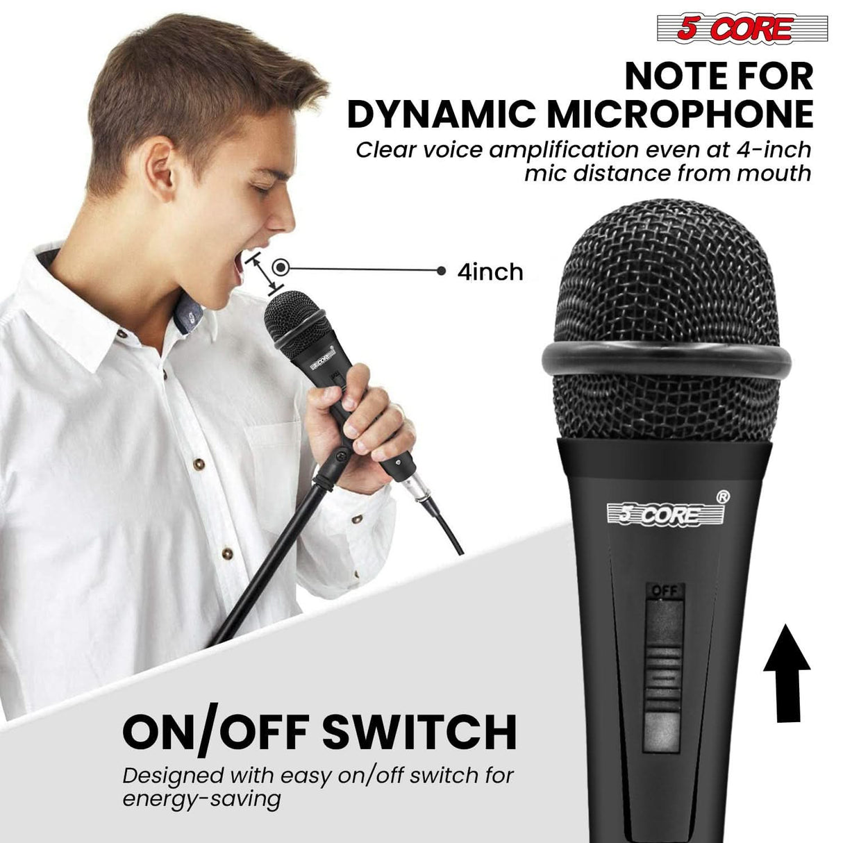 5 Core cardioid dynamic mic featuring convenient on/off button
