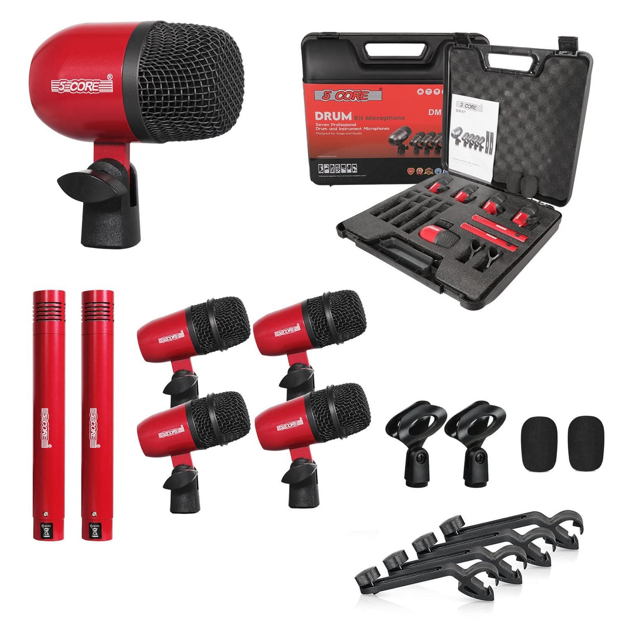 5 Core Drum Microphone Kit 7Pc All Metal Drummer Mics Tom/Snare & Cymbals Wired Instrument Drums Set