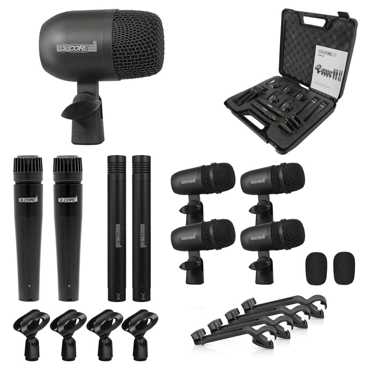 5 Core Drum Microphone Kit 9Pc All Metal Drummer Mics Tom/Snare & Cymbals Wired Instrument Drums Set