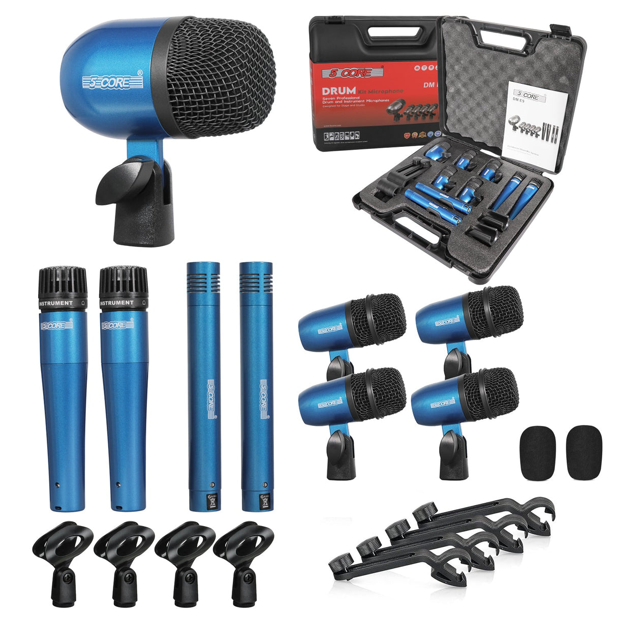 5 Core Drum Microphone Kit 9Pc All Metal Drummer Mics Tom/Snare & Cymbals Wired Instrument Drums Set