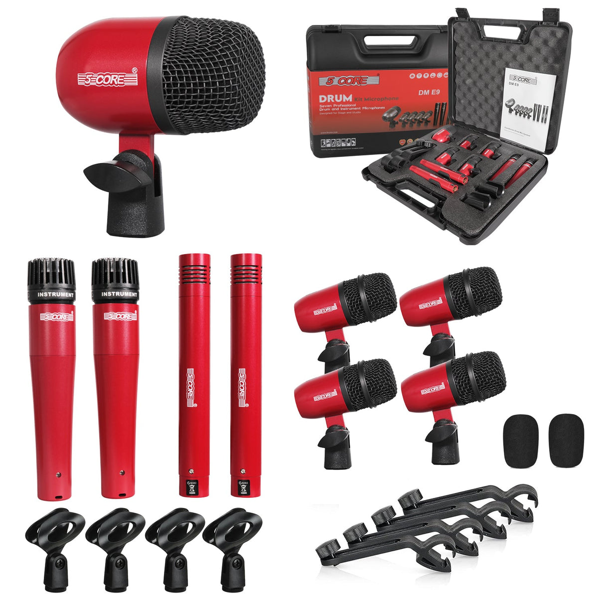 5 Core Drum Microphone Kit 9Pc All Metal Drummer Mics Tom/Snare & Cymbals Wired Instrument Drums Set