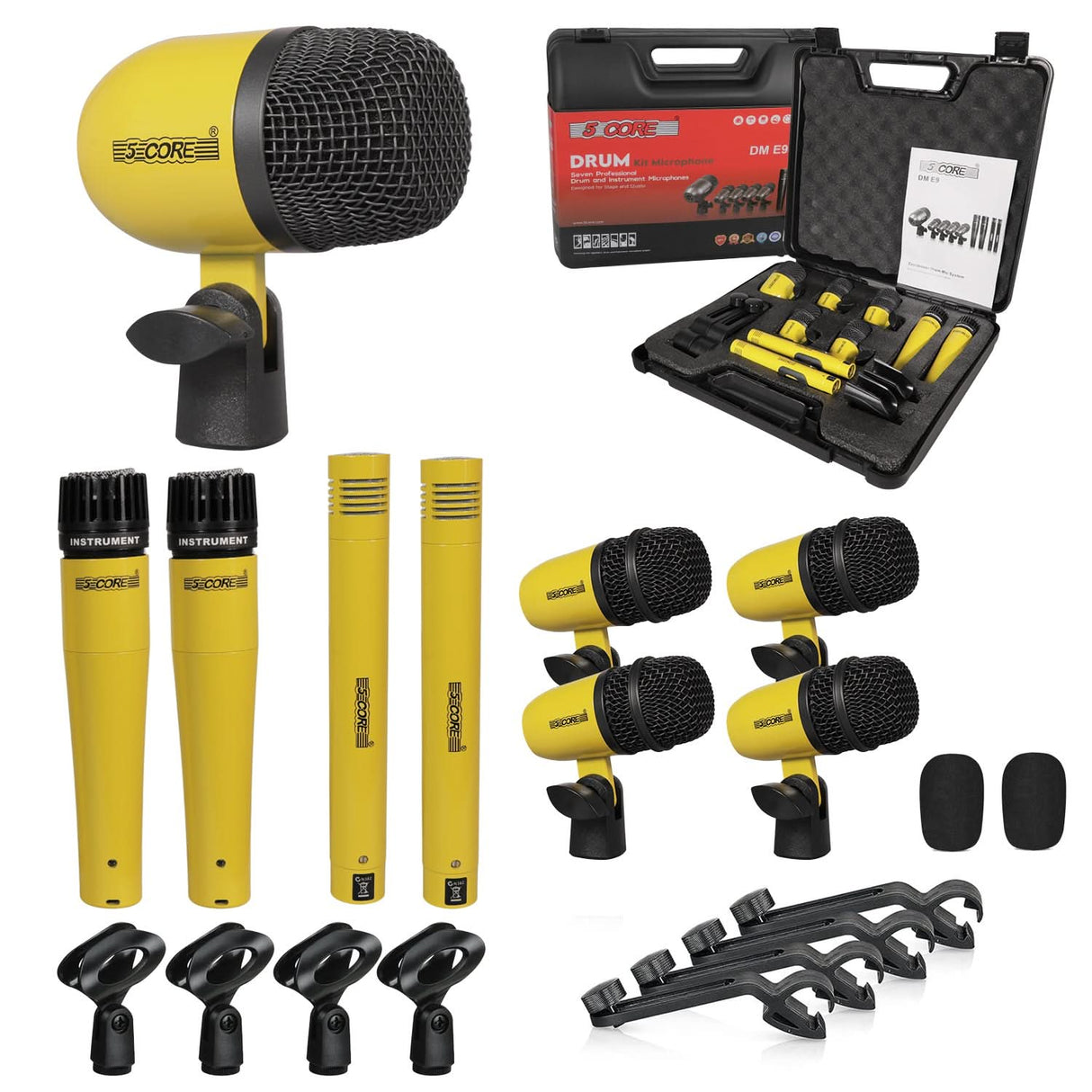 5 Core Drum Microphone Kit 9Pc All Metal Drummer Mics Tom/Snare & Cymbals Wired Instrument Drums Set