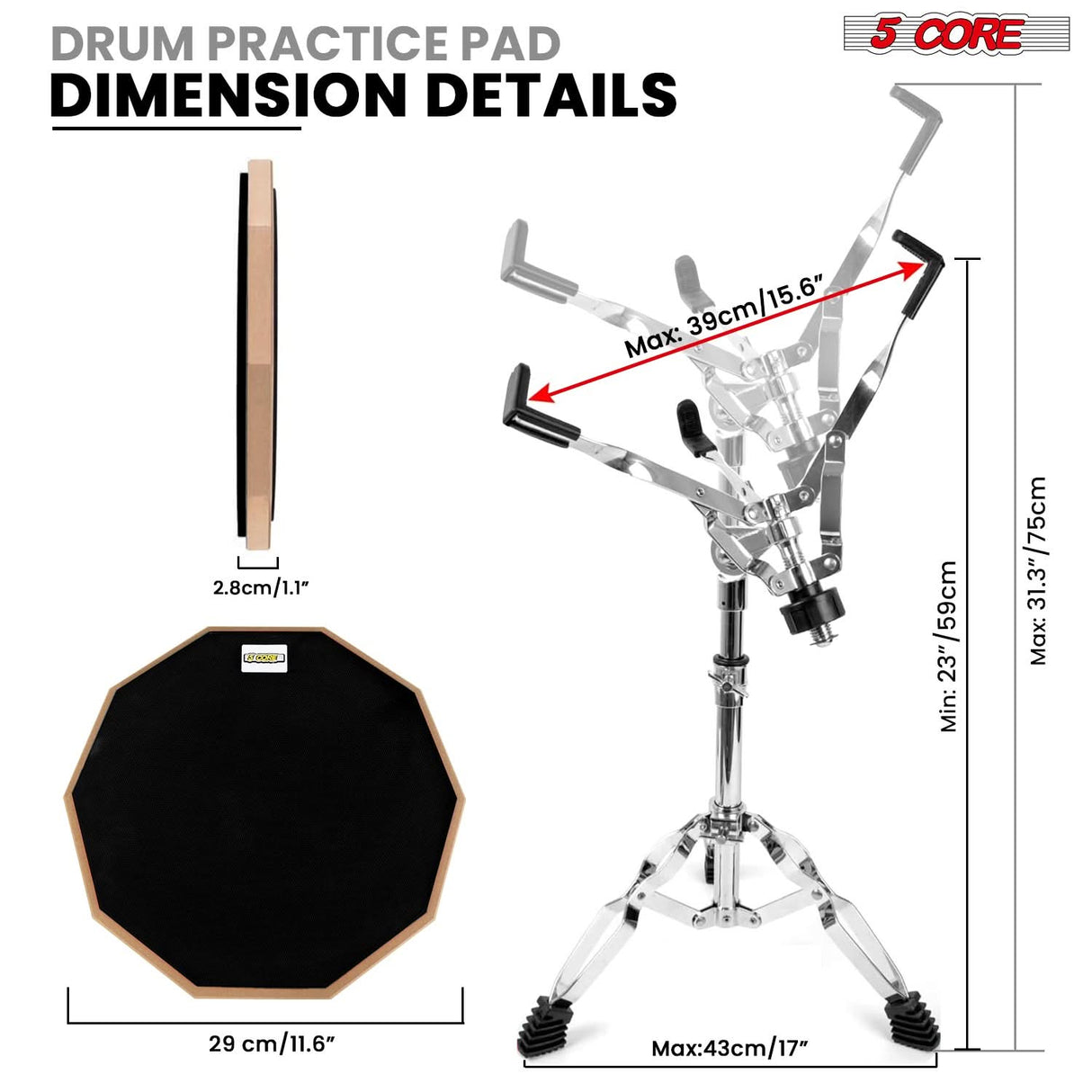 5Core Drum Practice Pad Set 12" Snare Drumming Stand Double Sided Silent Drummer Kit