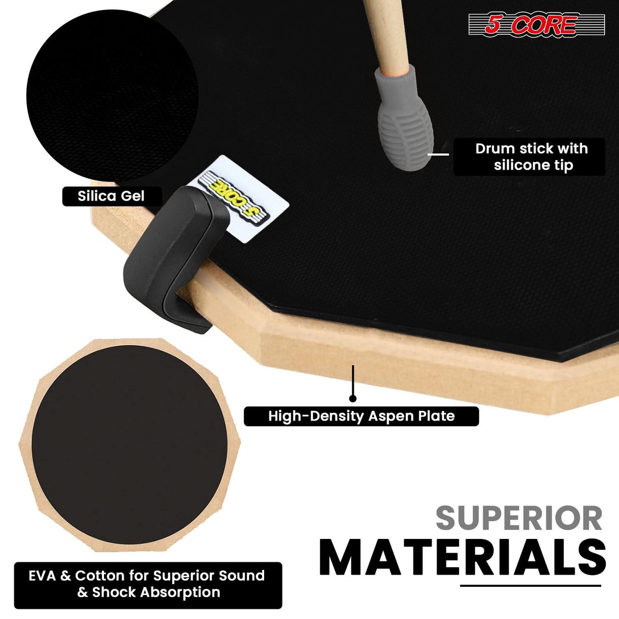 5Core Drum Practice Pad Set 12" Snare Drumming Stand Double Sided Silent Drummer Kit