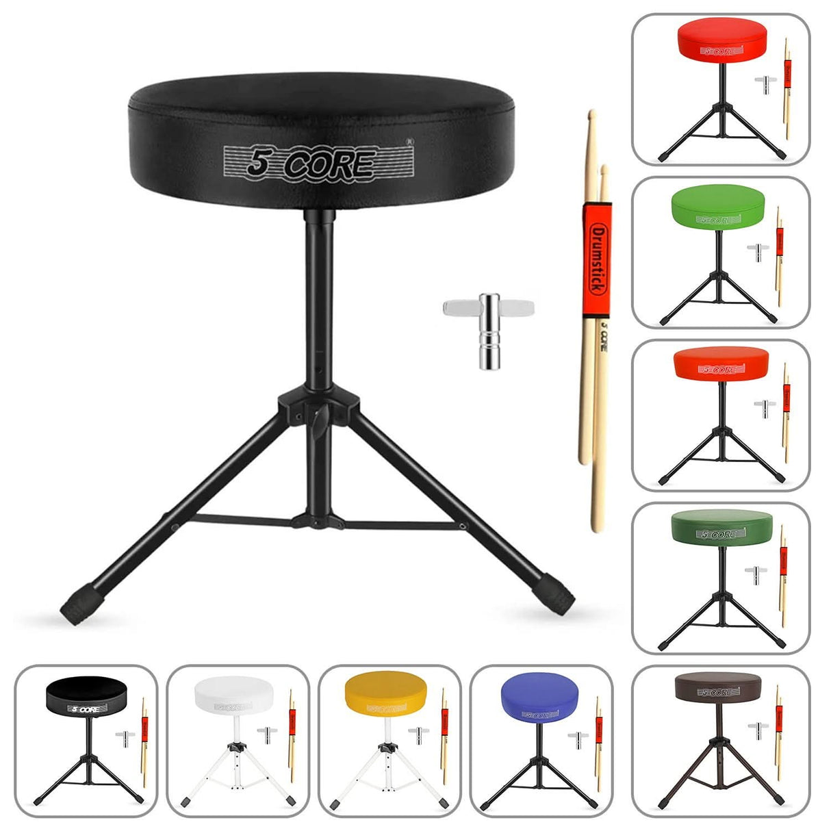 5 Core Drum Throne 3" Thick Padded Memory Foam Comfortable Drummer Stool 330Lb Capacity Adjustable