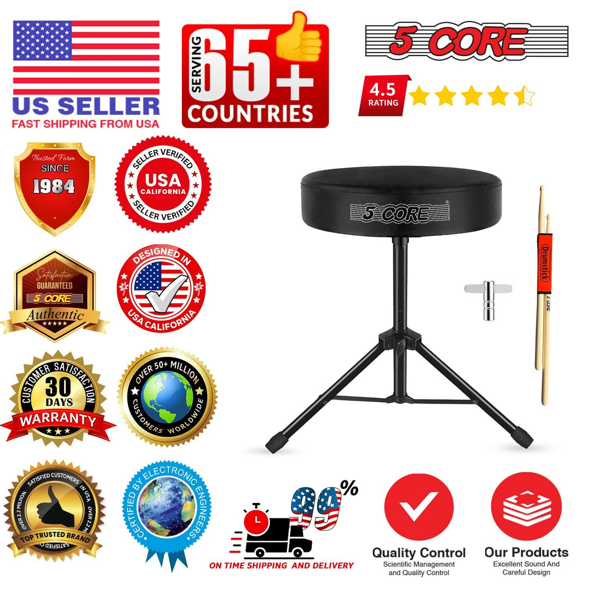 5 Core Drum Throne 3" Thick Padded Memory Foam Comfortable Drummer Stool 330Lb Capacity Adjustable